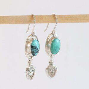 Handmade Sterling Silver Oval Turquoise Lucky 7 Dangle Earrings